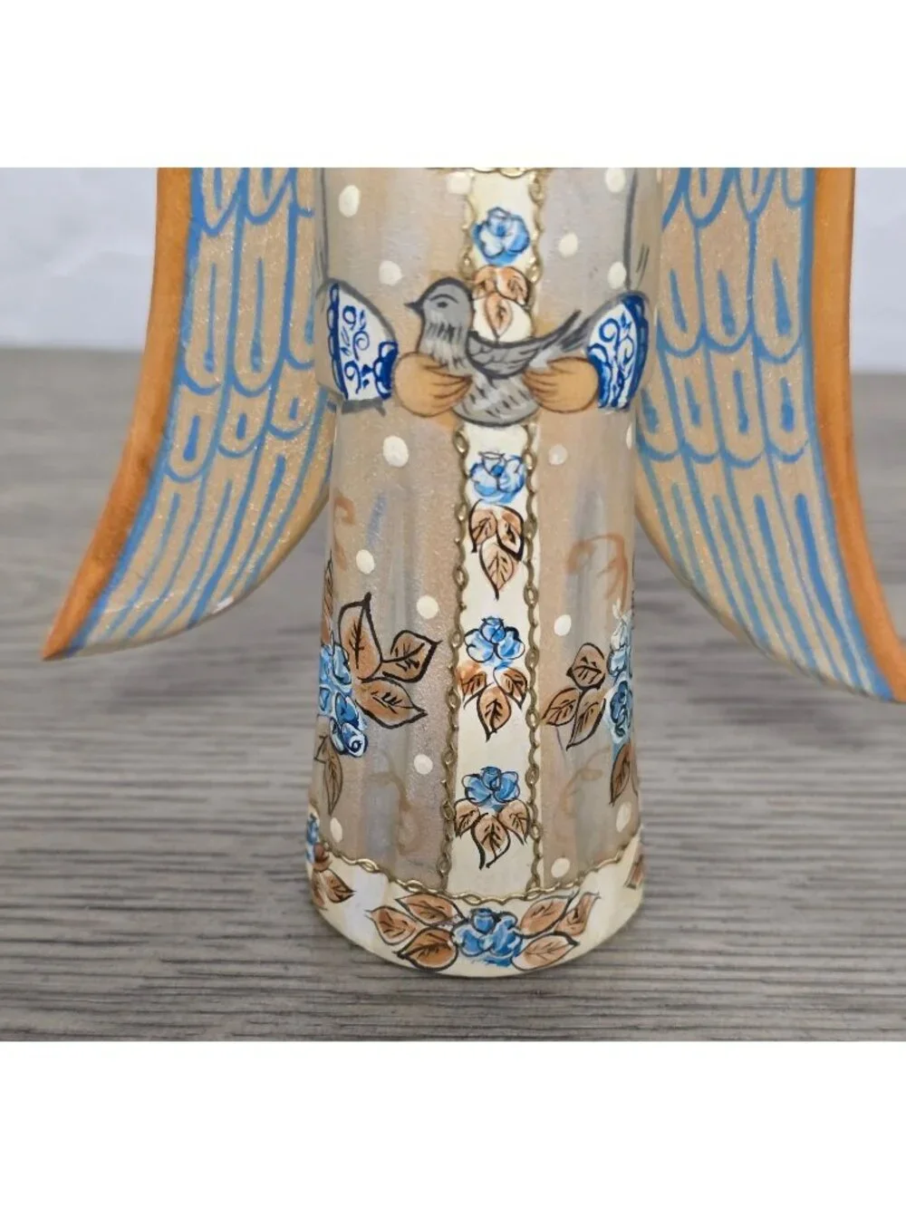 Russian Hand Painted Wooden Angel Blue and Gold Floral Folk Art Signed 5
